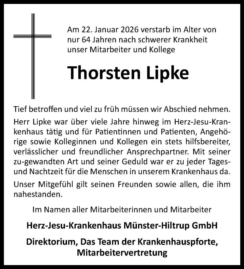  Traueranzeige für Thorsten Lipke vom 31.01.2026 aus 