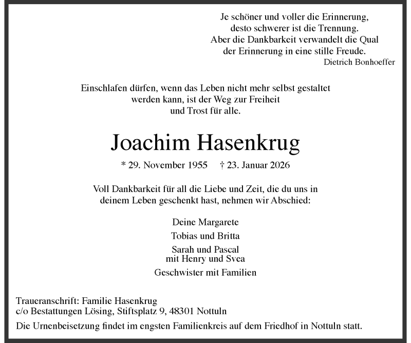  Traueranzeige für Joachim Hasenkrug vom 31.01.2026 aus 