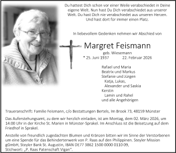 Anzeige von Margret Feismann 