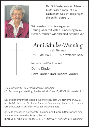 Anzeige von Anni Schulze-Wenning 