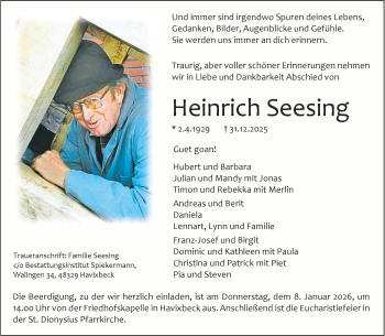 Anzeige von Heinrich Seesing 