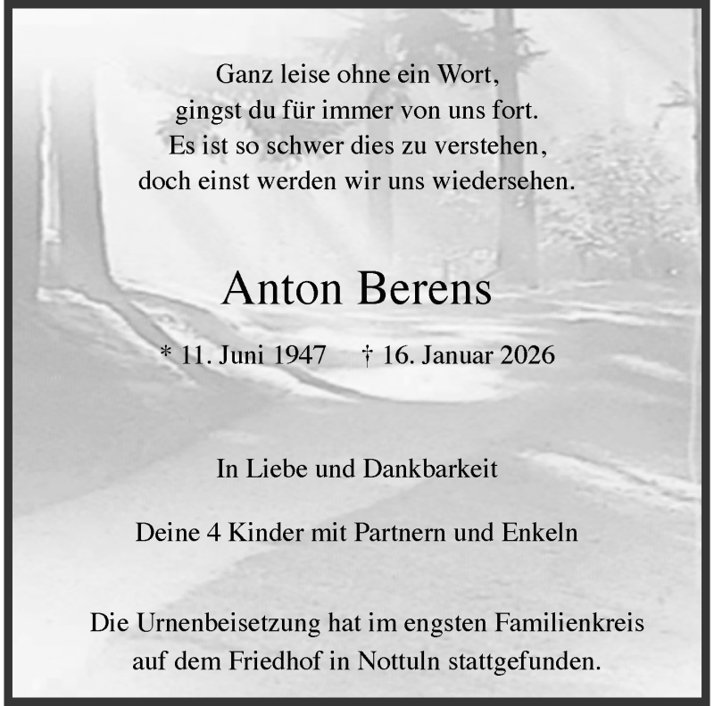  Traueranzeige für Anton Berens vom 31.01.2026 aus 