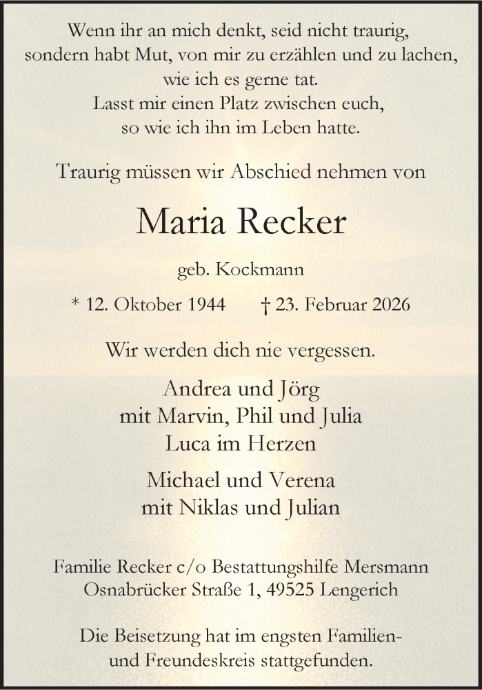  Traueranzeige für Maria Recker vom 27.02.2026 aus 
