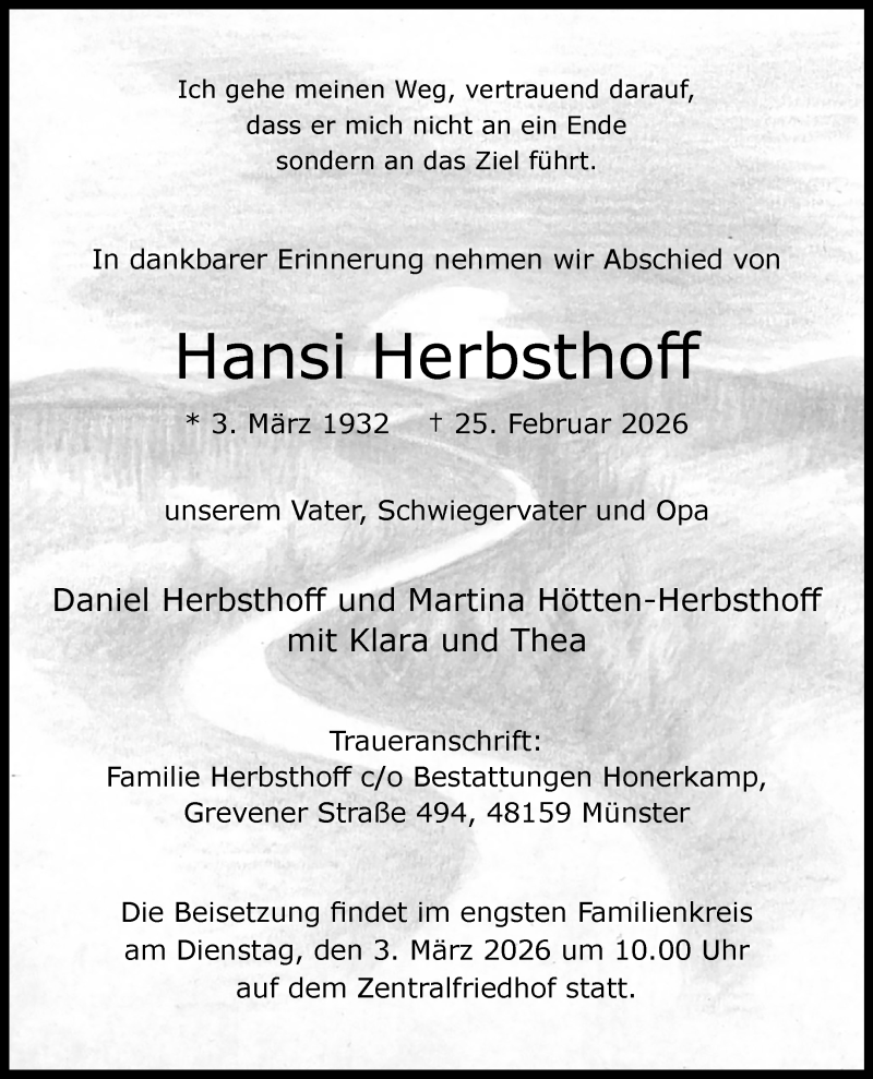  Traueranzeige für Hansi Herbsthoff vom 28.02.2026 aus 