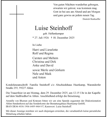 Anzeige von Luise Steinhoff 