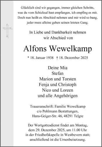 Anzeige von Alfons Wewelkamp 