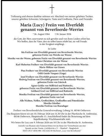 Anzeige von Maria Freiin von Elverfeldt genannt von Beverfoerde-Werries 