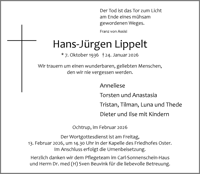  Traueranzeige für Hans-Jürgen Lippelt vom 03.02.2026 aus 