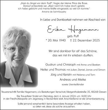 Anzeige von Hagemann Erika 