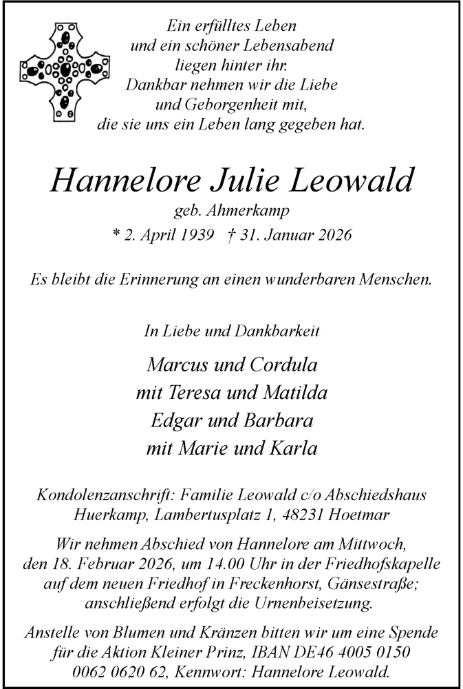  Traueranzeige für Hannelore Julie Leowald vom 07.02.2026 aus 