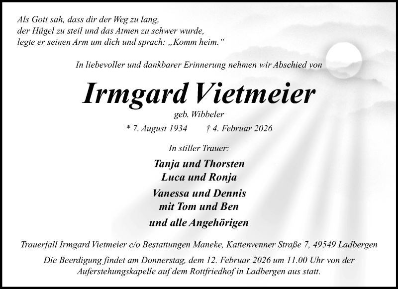  Traueranzeige für Irmgard Vietmeier vom 10.02.2026 aus 