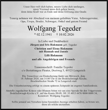 Anzeige von Wolfgang Tegeder 