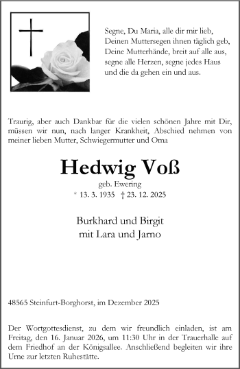 Anzeige von Hedwig Voß 