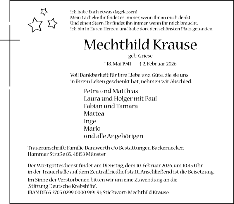  Traueranzeige für Mechthild Krause vom 07.02.2026 aus 