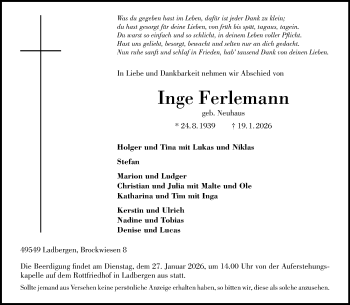 Anzeige von Inge Ferlemann 