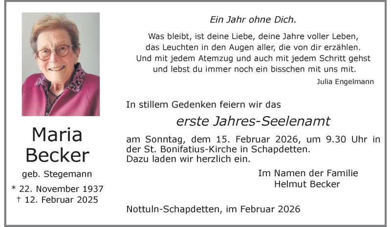  Traueranzeige für Maria Becker vom 07.02.2026 aus 