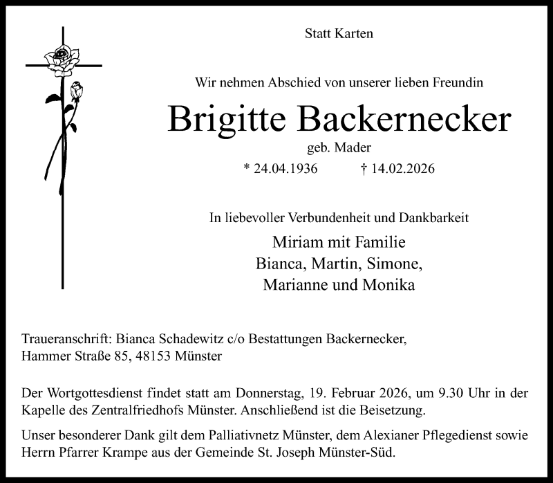  Traueranzeige für Brigitte Backernecker vom 18.02.2026 aus 