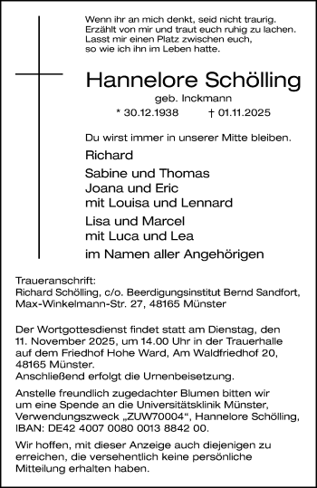 Anzeige von Hannelore Schölling 