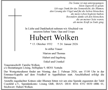 Anzeige von Hubert Wolken 
