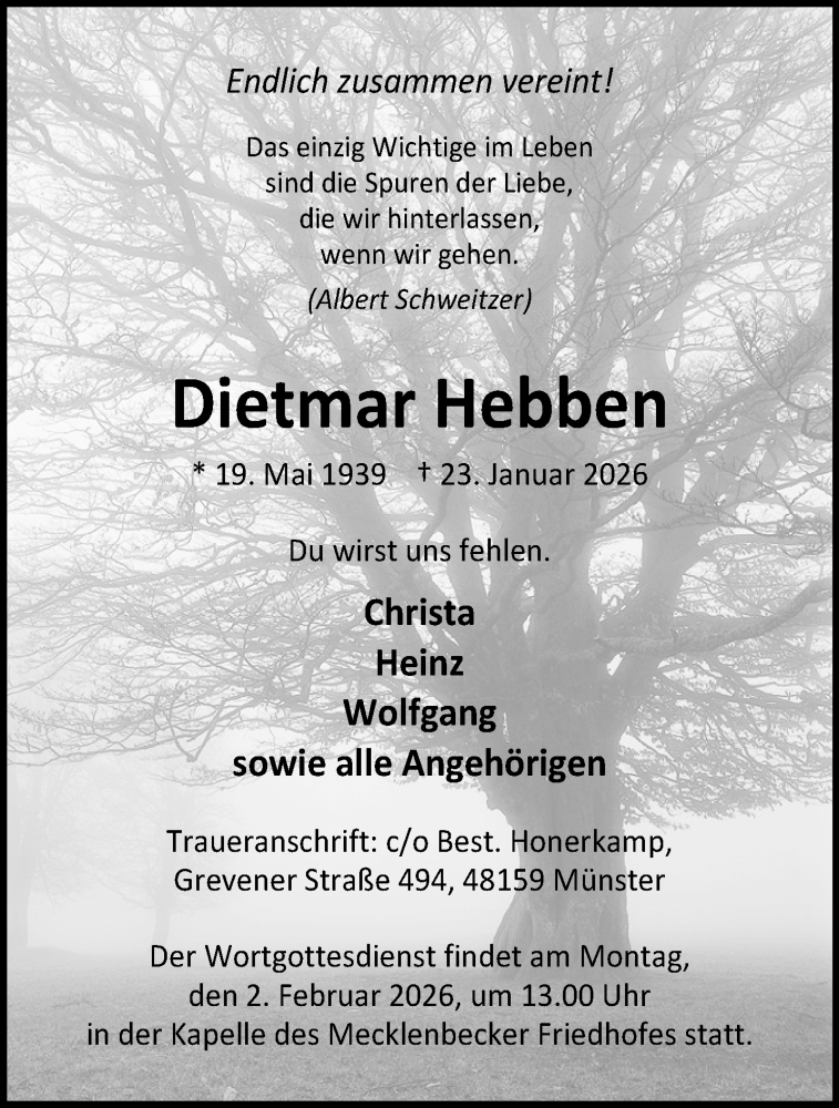  Traueranzeige für Dietmar Hebben vom 31.01.2026 aus 
