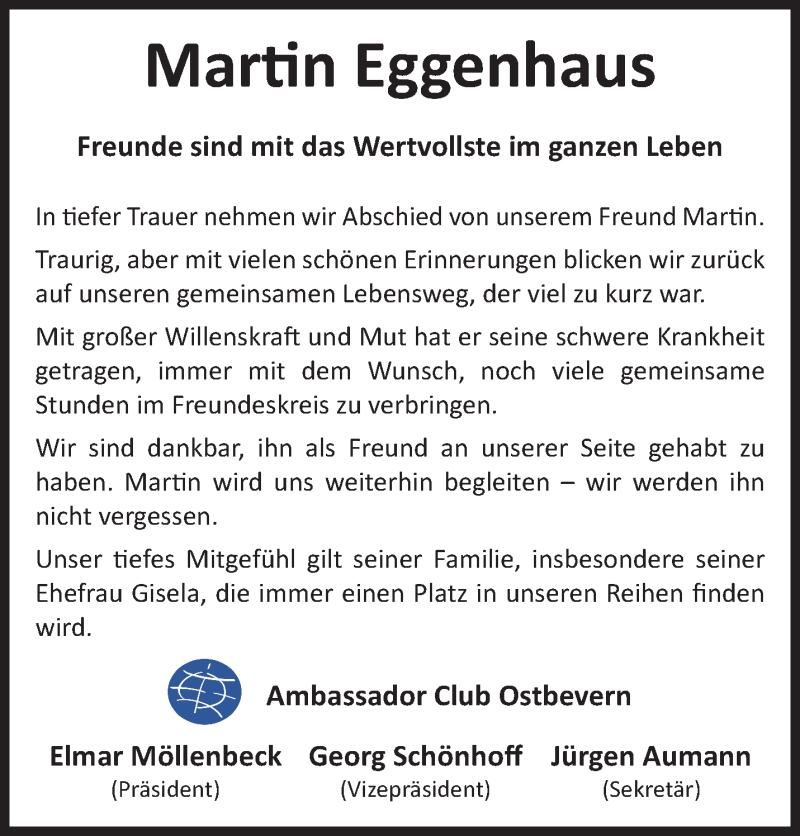  Traueranzeige für Martin Eggenhaus vom 31.01.2026 aus 