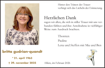 Anzeige von Britta Gudrian-Quandt 
