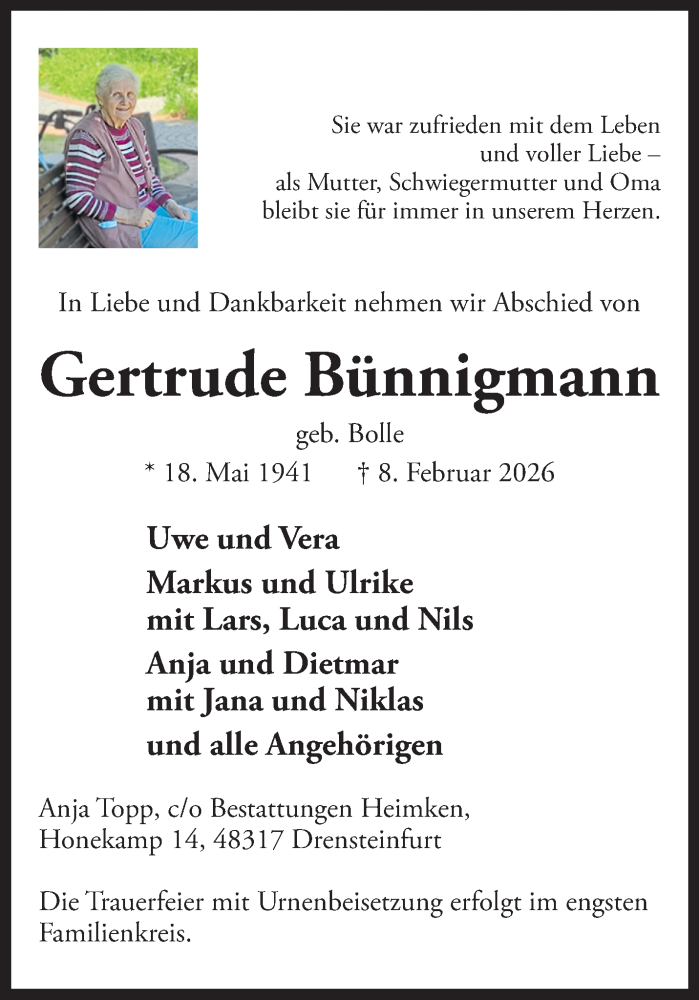  Traueranzeige für Gertrude Bünnigmann vom 14.02.2026 aus 