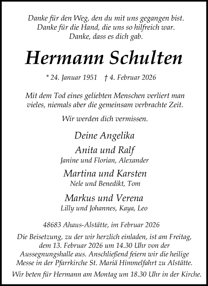  Traueranzeige für Hermann Schulten vom 07.02.2026 aus 