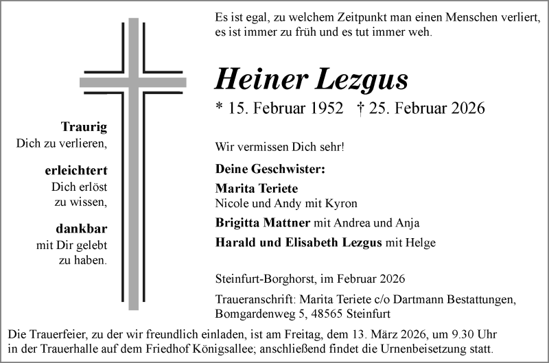  Traueranzeige für Heiner Lezgus vom 28.02.2026 aus 