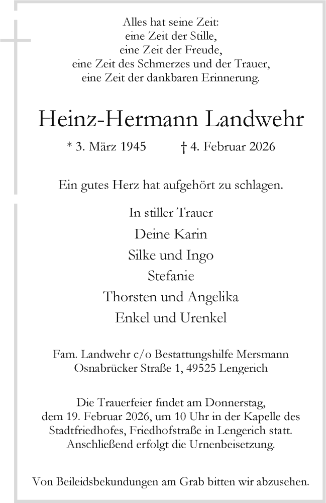  Traueranzeige für Heinz-Hermann Landwehr vom 14.02.2026 aus 