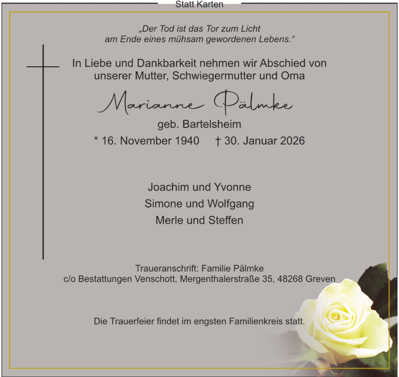  Traueranzeige für Marianne Palmke vom 07.02.2026 aus 