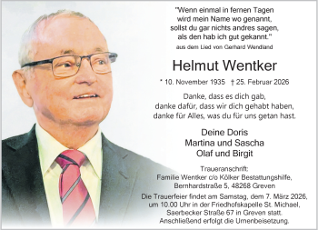 Anzeige von Helmut Wentker 
