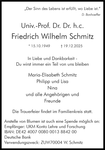 Anzeige von Univ.-Prof. Dr. Dr. h.c. Friedrich Wilhelm Schmitz 