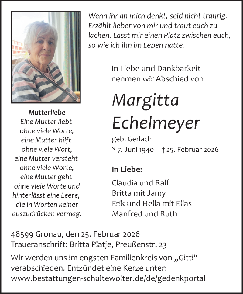  Traueranzeige für Margitta Echelmeyer vom 28.02.2026 aus 