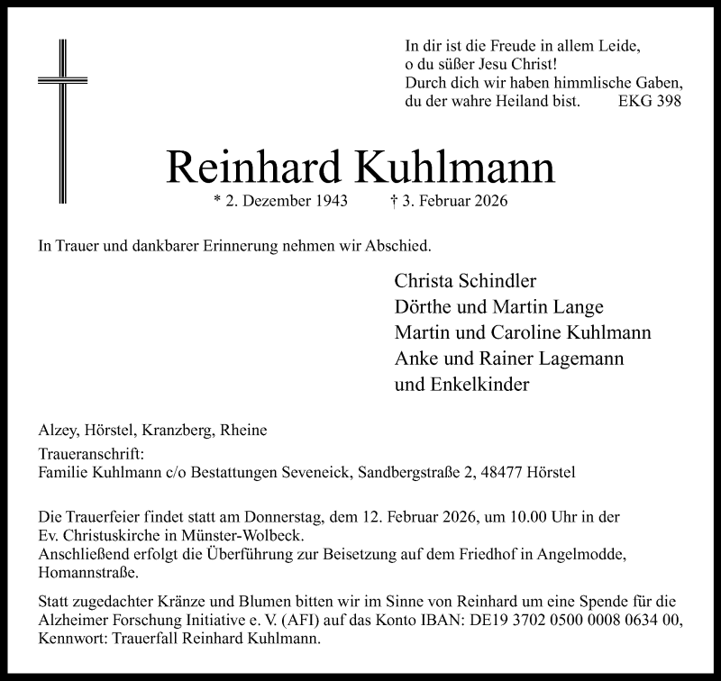  Traueranzeige für Reinhard Kuhlmann vom 07.02.2026 aus 