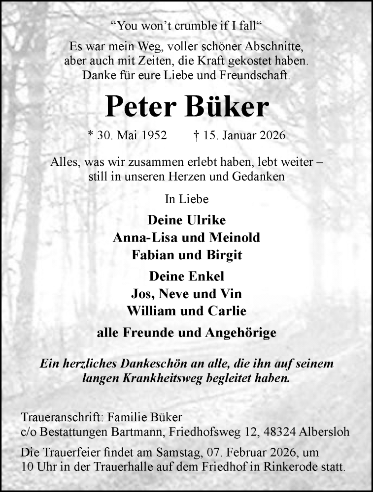  Traueranzeige für Peter Büker vom 31.01.2026 aus 