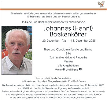 Anzeige von Johannes Boekenkötter 