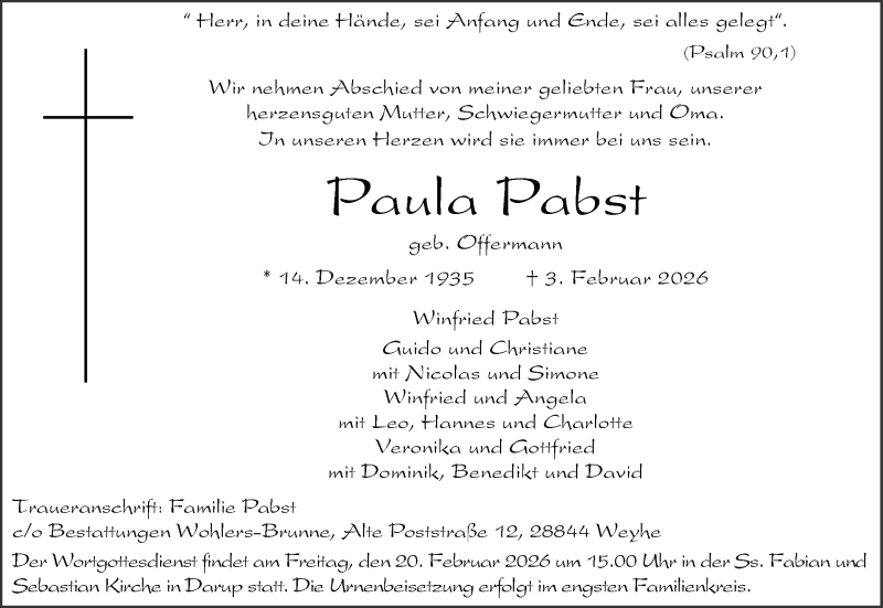  Traueranzeige für Paula Pabst vom 14.02.2026 aus 