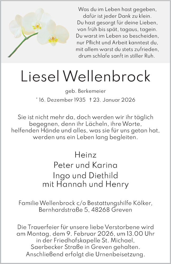  Traueranzeige für Liesel Wellenbrock vom 31.01.2026 aus 