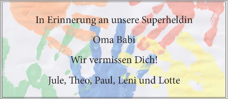  Traueranzeige für Oma Babi  vom 17.01.2026 aus 