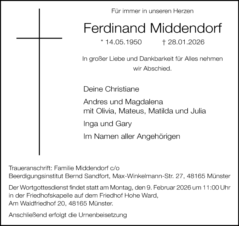  Traueranzeige für Ferdinand Middendorf vom 04.02.2026 aus 