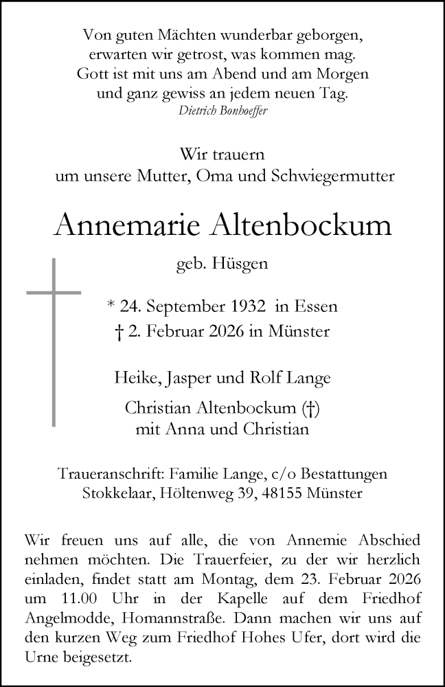  Traueranzeige für Annemarie Altenbockum vom 14.02.2026 aus 