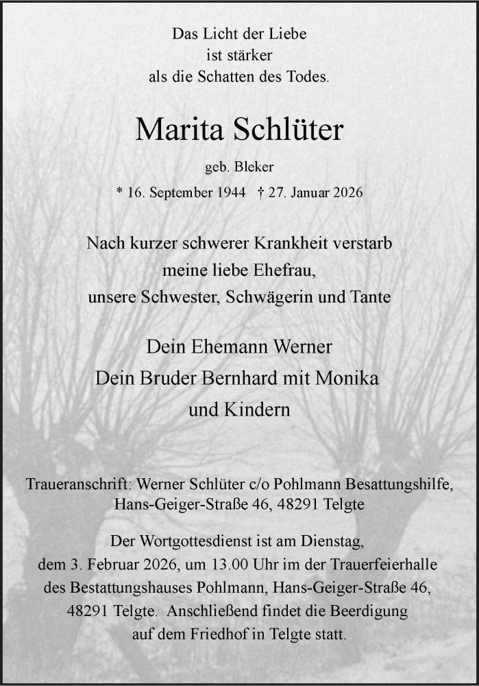  Traueranzeige für Marita Schlüter vom 31.01.2026 aus 