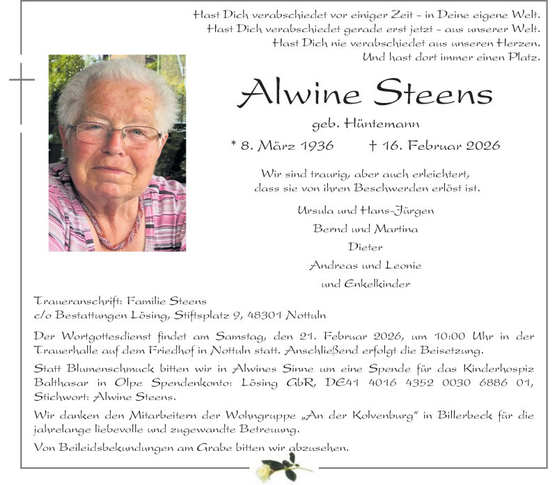  Traueranzeige für Alwine Steens vom 18.02.2026 aus 