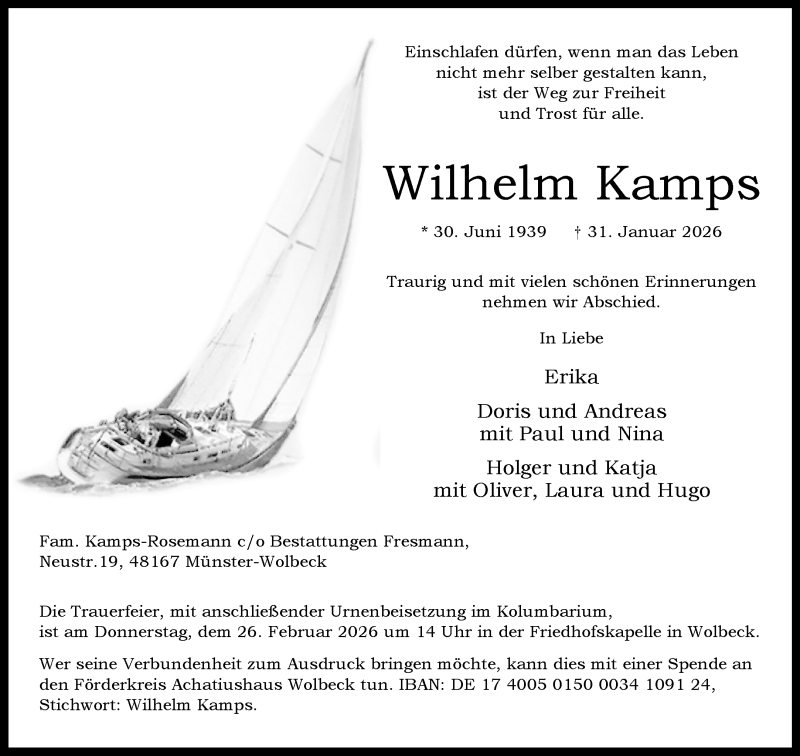  Traueranzeige für Wilhelm Kamps vom 14.02.2026 aus 