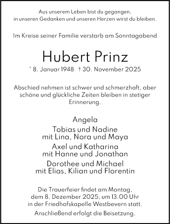 Anzeige von Hubert Prinz 