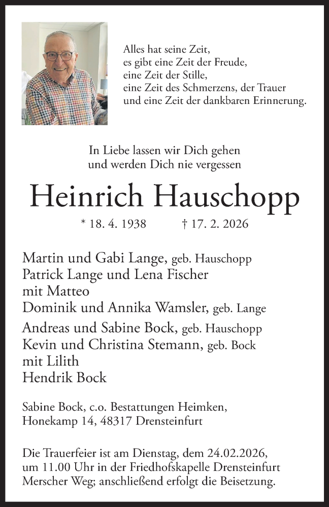  Traueranzeige für Heinrich Hauschopp vom 21.02.2026 aus 