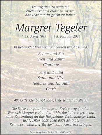 Anzeige von Margret Tegeler 