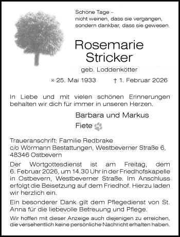 Anzeige von Rosemarie Stricker 