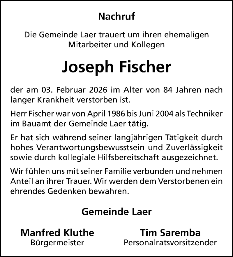  Traueranzeige für Joseph Fischer vom 14.02.2026 aus 